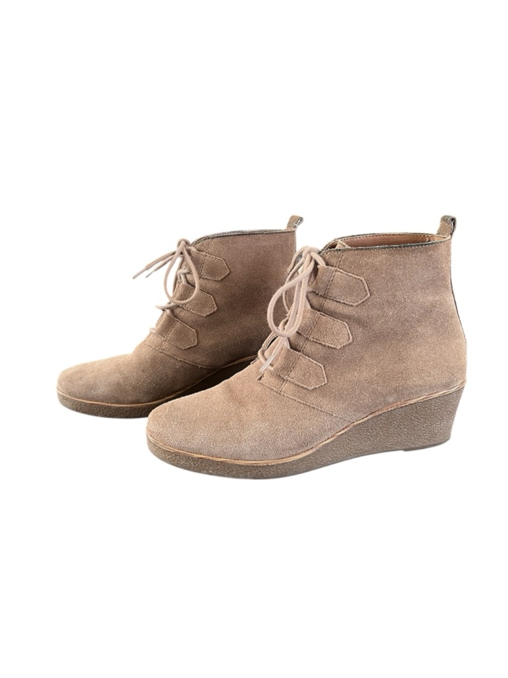 Lucky Brand Jaemma Taupe Tan Suede Lace-Up Wedge Heel Ankle Boots Womens 6.5